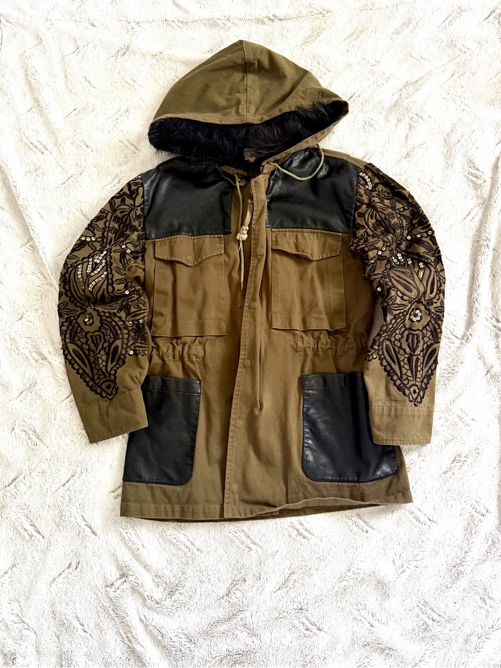 Miss Me Vintage Fairy Grunge Embroidered Faux Leather Trim Utility Jacket S